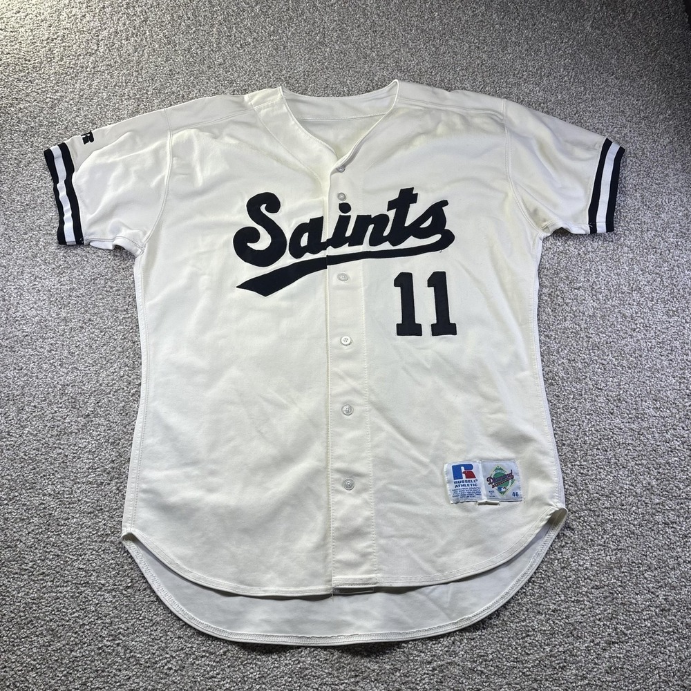 Game Worn 99/2000 Vintage St. Paul Saints Jersey Mens 46 White Russell 11 Bustos